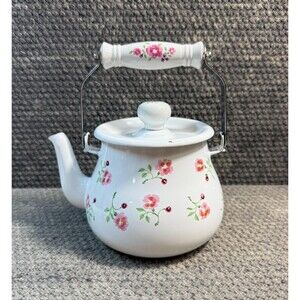 Vintage Enamelware Teapot Tea Kettle Cottage Floral Print Pink/Purple Farmhouse